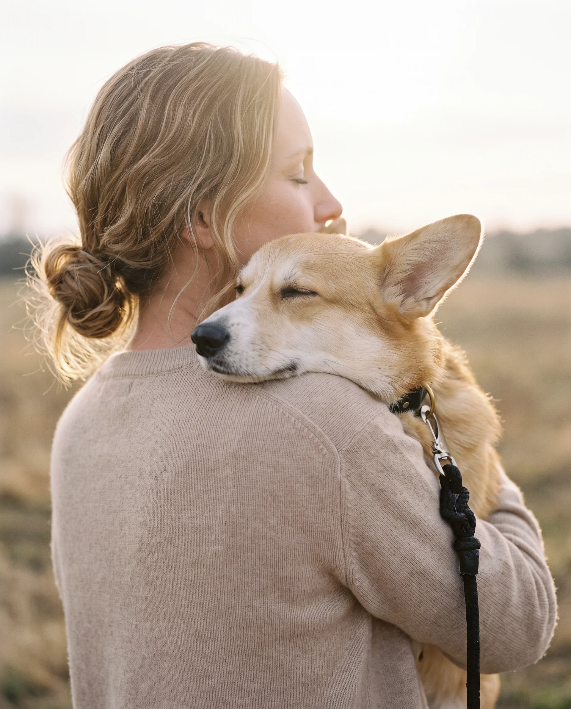 Nadja hält ihre Corgi-Hündin Waffles im Arm